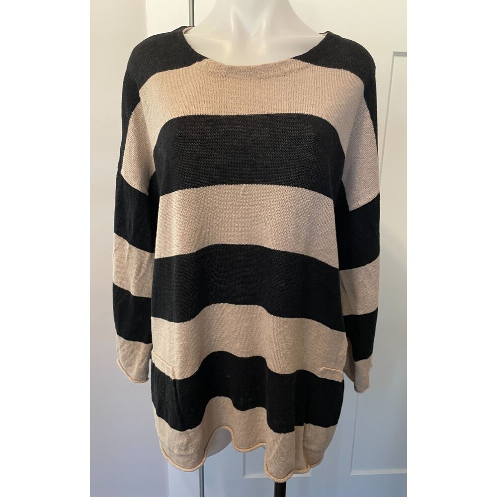 EILEEN FISHER Womens SWEATER Long Sleeve BLACK Beige Stripe Oragnic Linen Sz XL